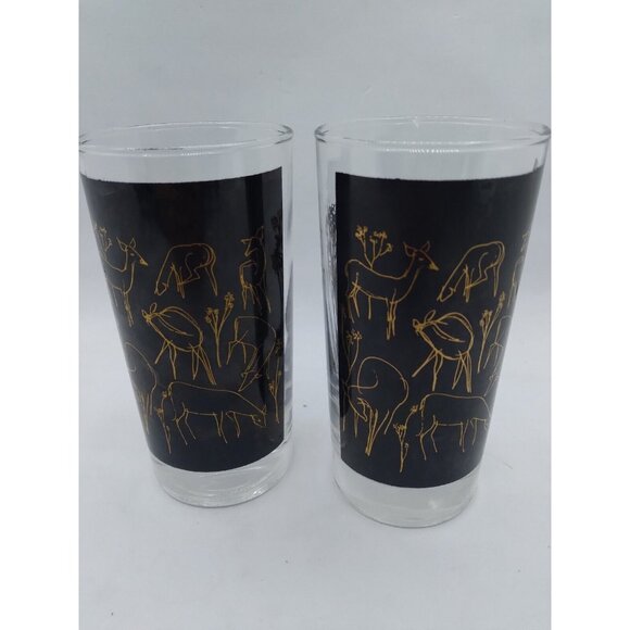 Vtg. Unique set of 2 MCM Deer Trees gold on black Clear high ball / tumblers - Picture 10 of 15